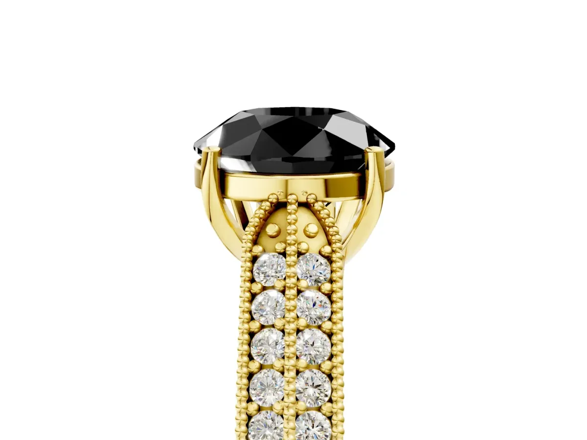 Fancy Black Round Cut Cut Pave Split Shank Engagement Ring with Four-Prong Setting Yellow gold