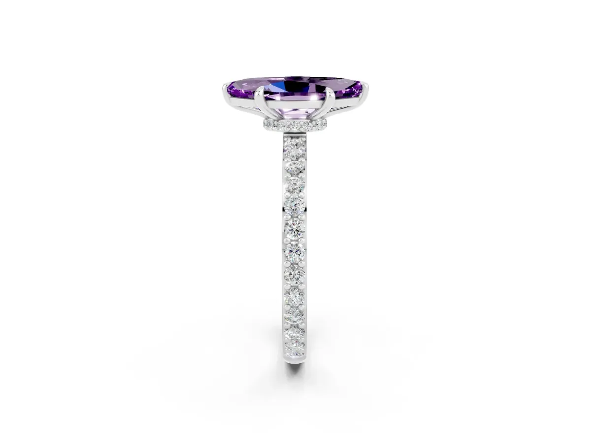 Marquise Cut Amethyst Solitaire Engagement Ring with Pavé Band and Four-Prong Setting Silver