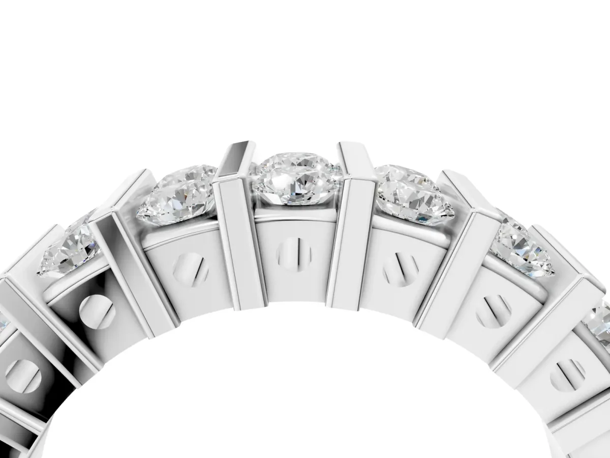 Channel Set Round Diamond Step Band with Bar Prong Setting Platinum