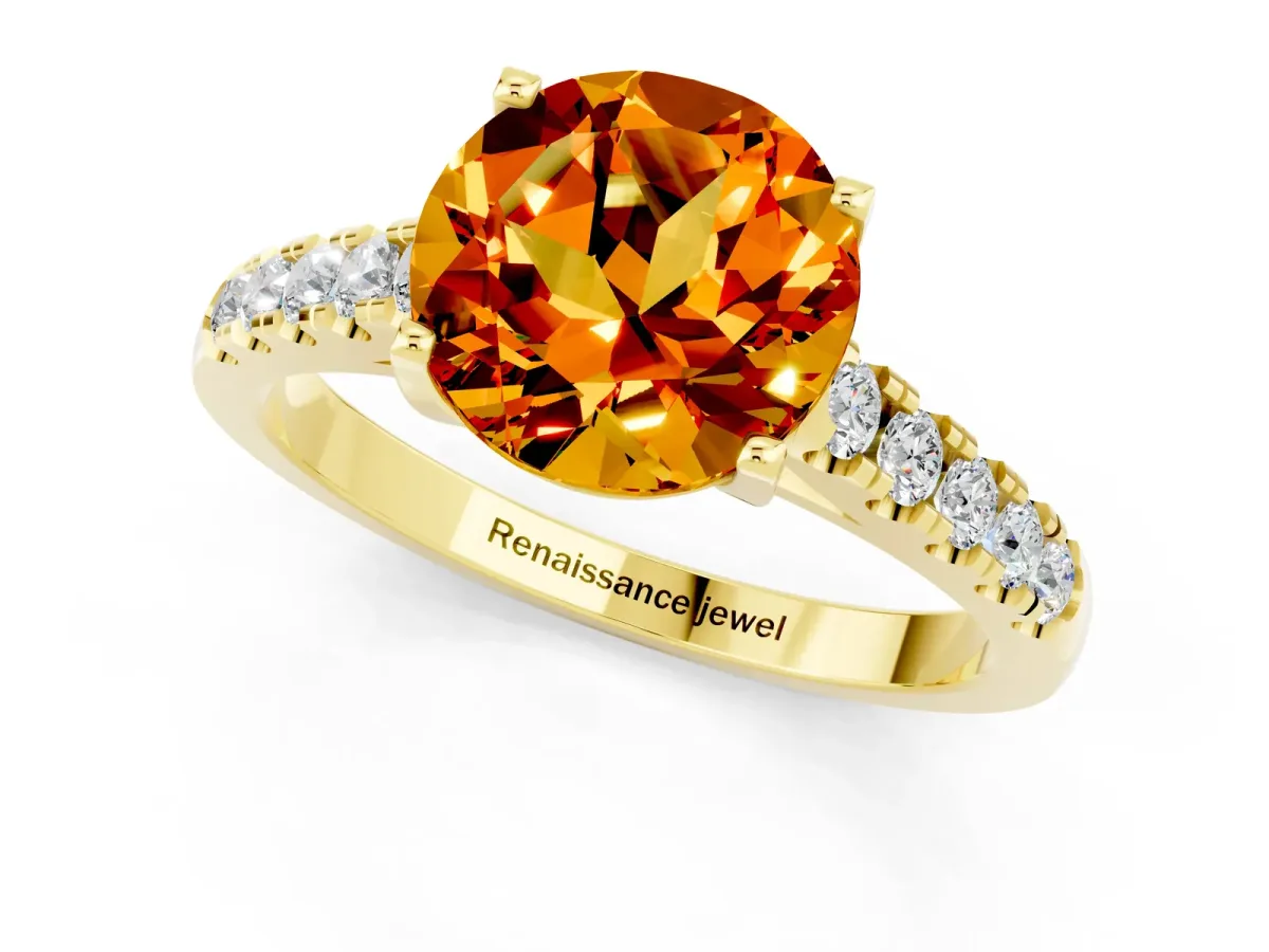 Round Cut Citrine Pavé Band Solitaire Ring with Prong Setting Yellow gold