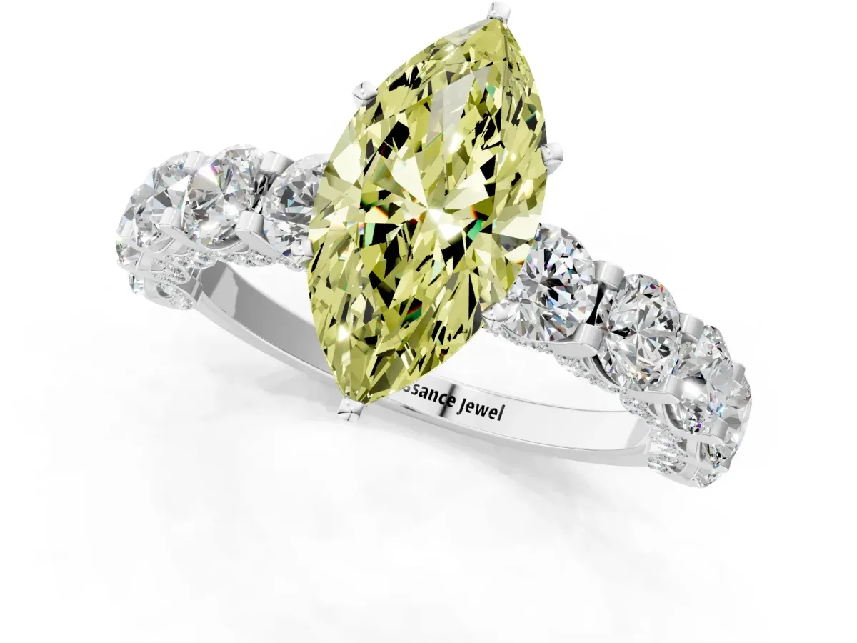 Fancy Yellow Marquise Cut Diamond Side Stone Engagement Ring with Four-Prong Setting White gold