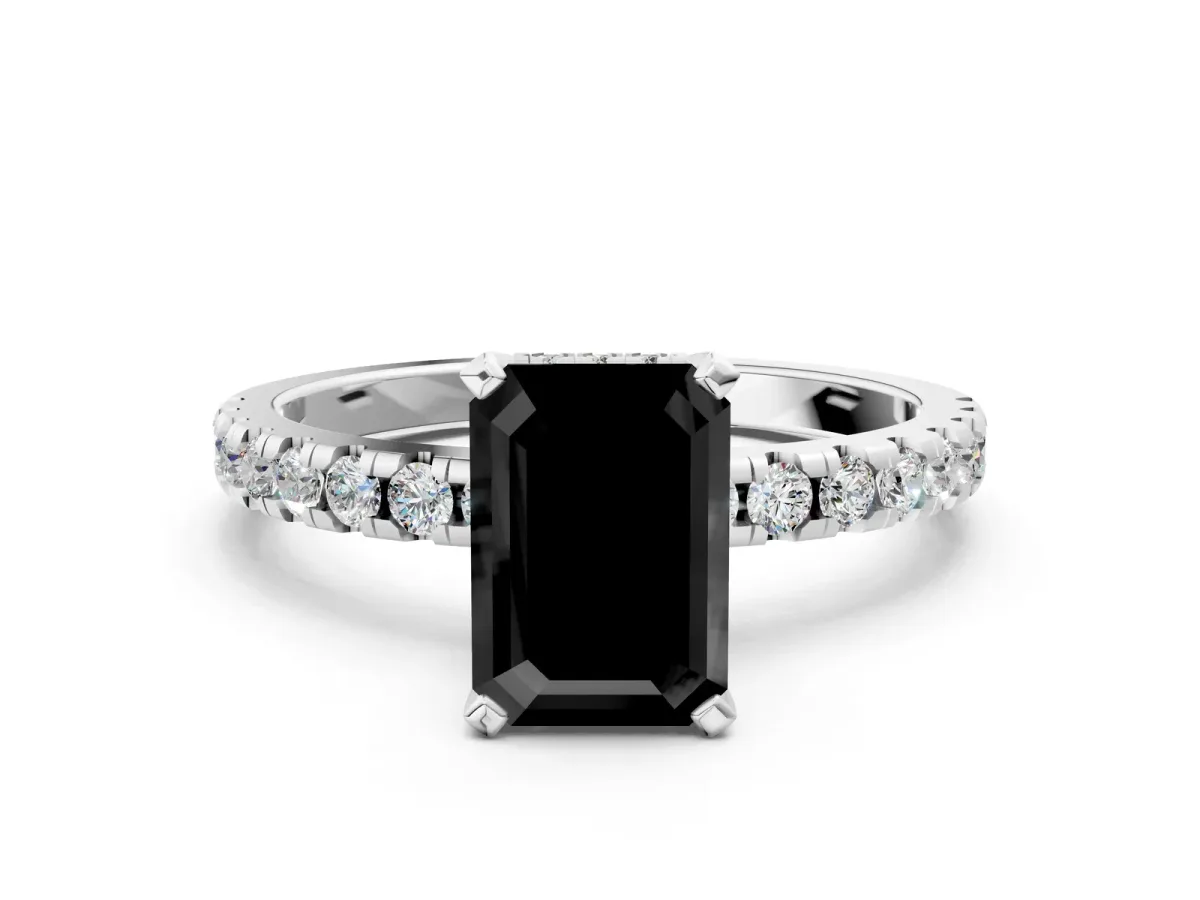Fancy Black Emerald Cut Diamond Solitaire Ring with Round Pavé Band and Four-Prong Setting Silver