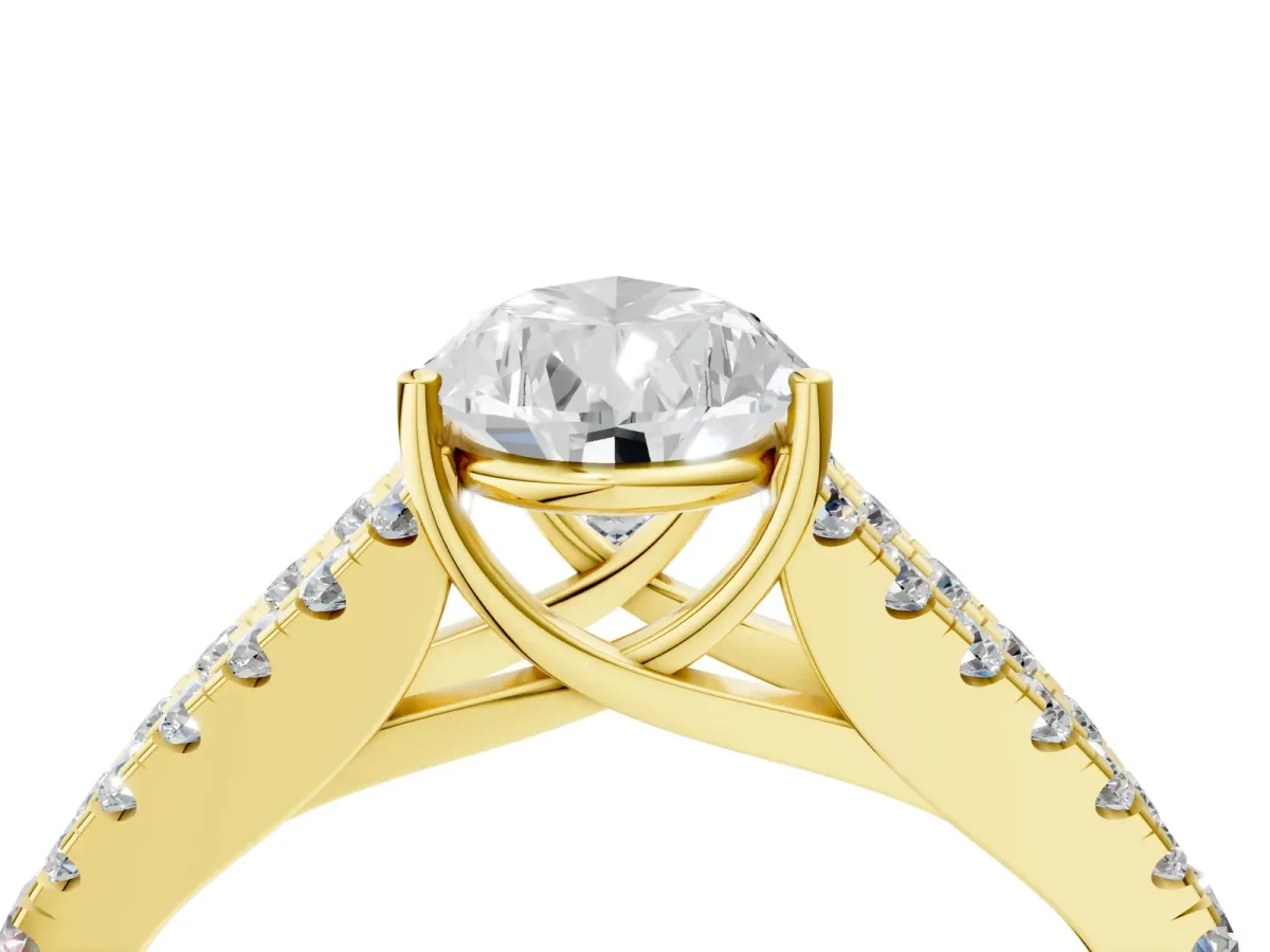 Pear Cut Diamond Split Shank Pavé Engagement Ring with Four-Prong Setting Yellow gold