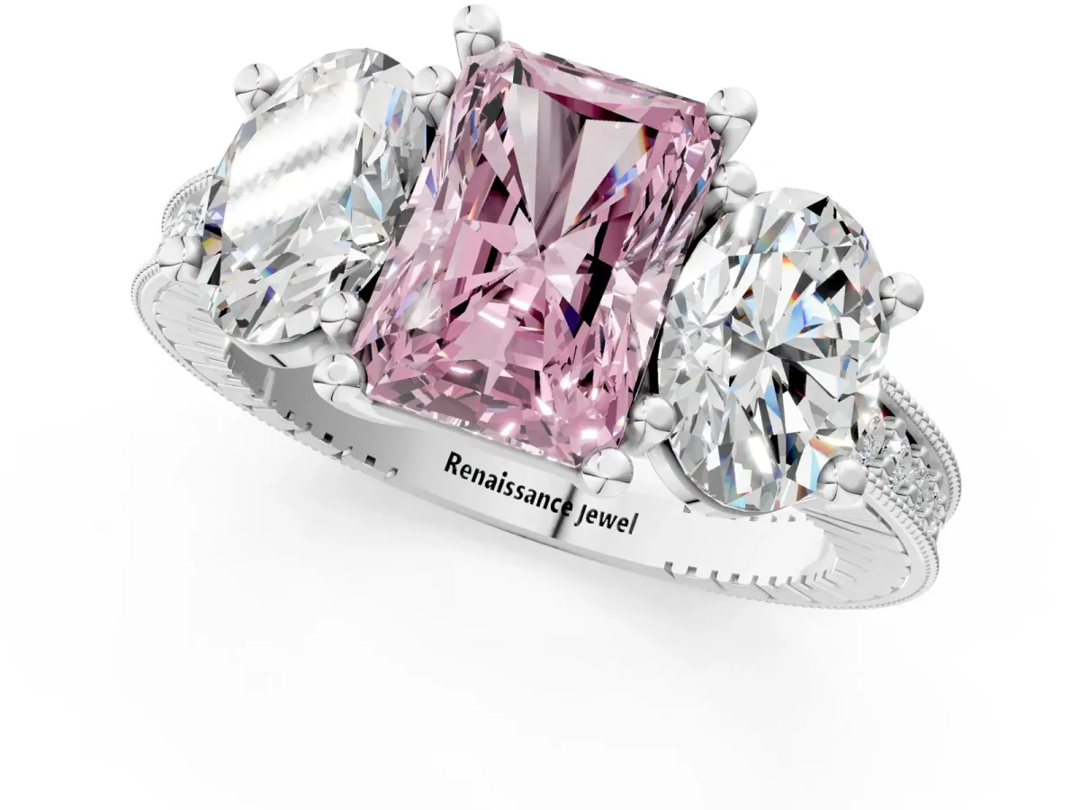 Fancy Pink Three-Stone Radiant Cut Diamond Milgrain Pave Band with Prong Setting Platinum