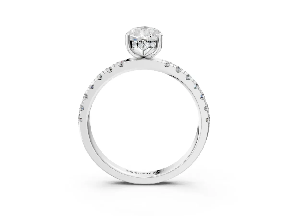 Pear Cut Diamond Pave Band Solitaire Ring with Round Moissanite and Prong Setting Platinum