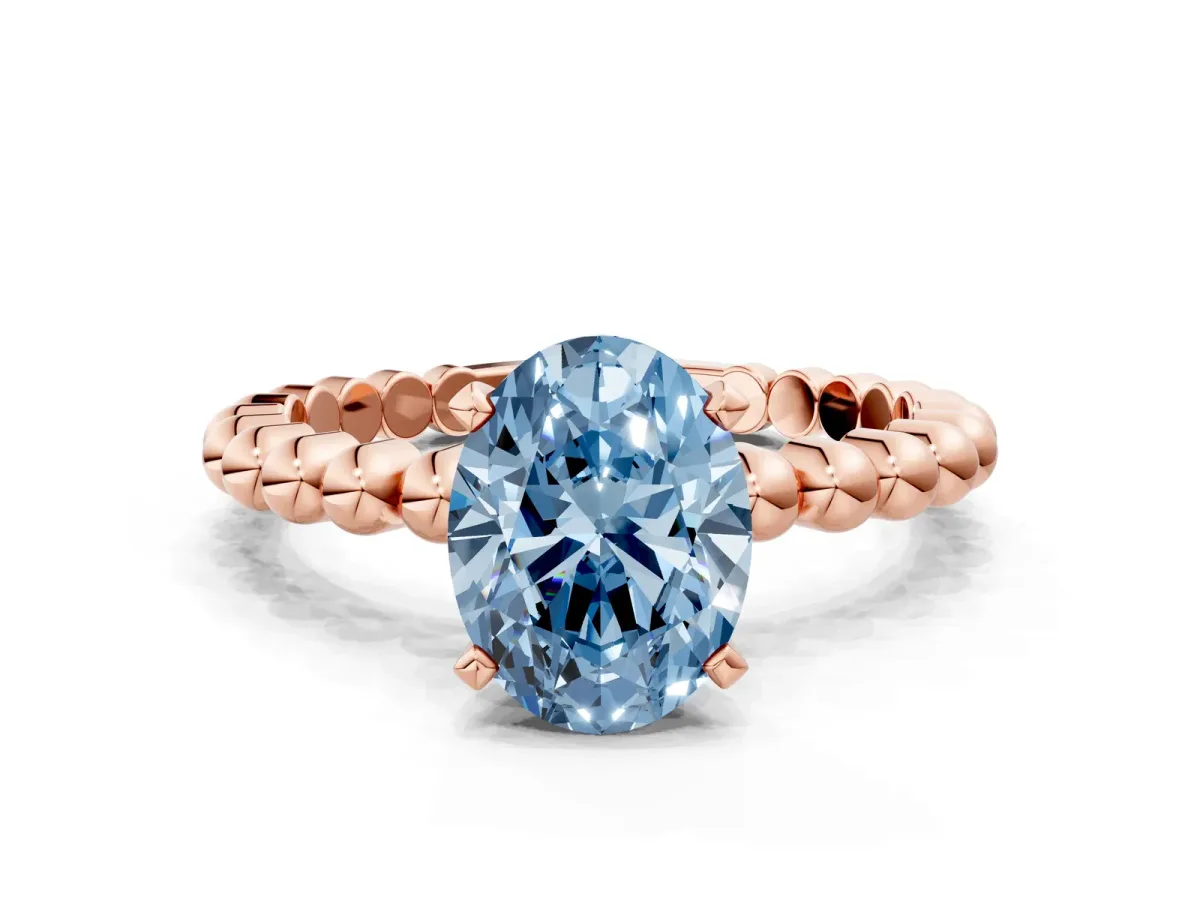 Fancy Blue Oval Cut Diamond Solitaire Ring with Beaded Band and Prong Setting Rose gold