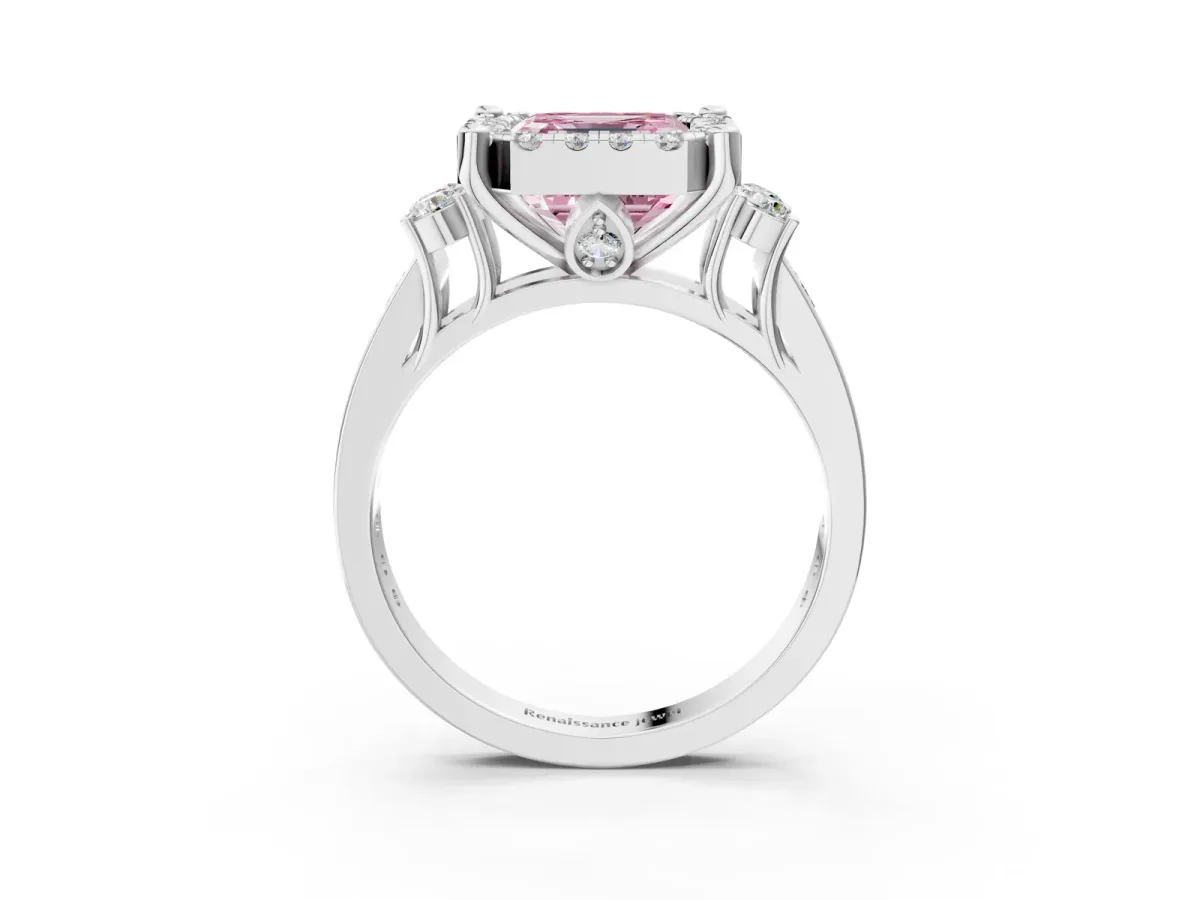 Fancy Pink Asscher Cut Halo Diamond Engagement Ring with Split Shank and Four-Prong Setting Platinum