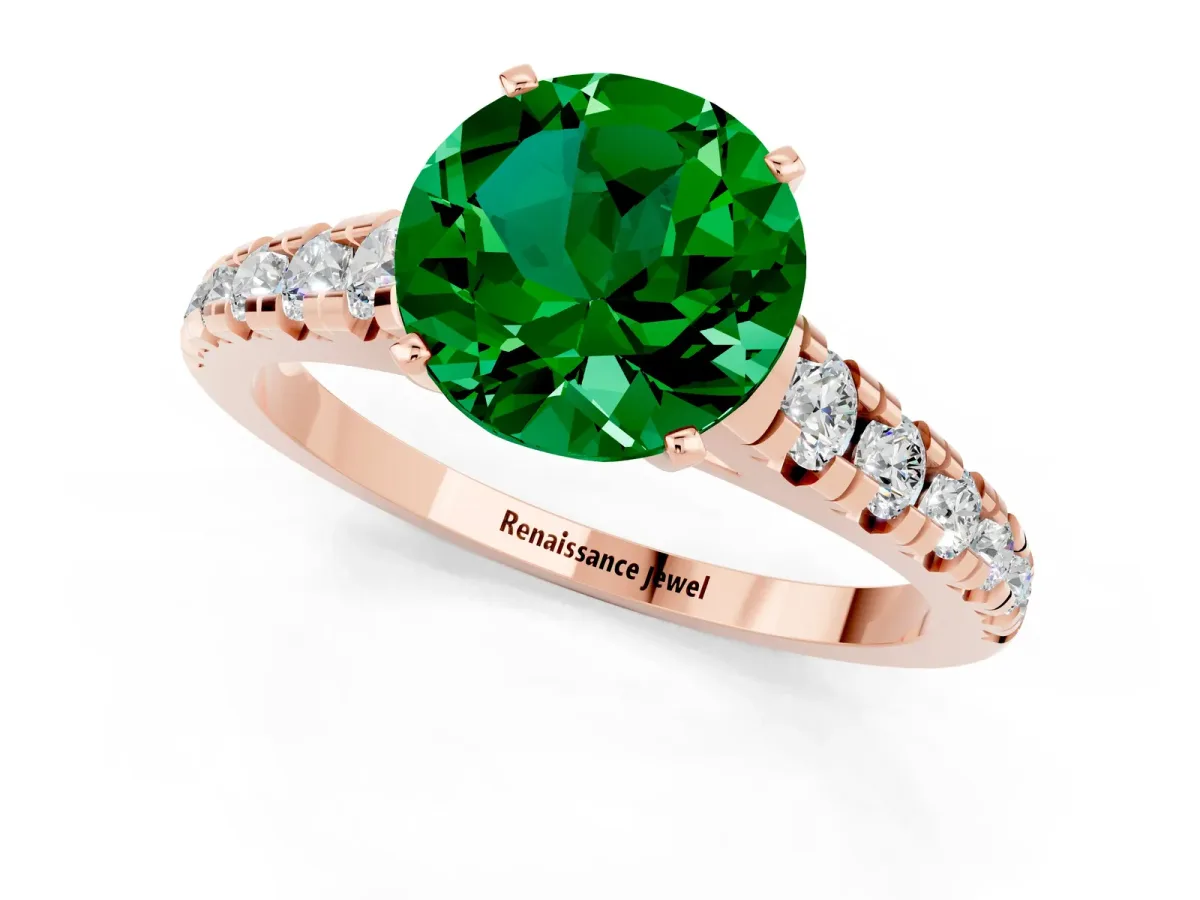 Round Cut Emerald Cathedral Solitaire Ring with Round Pavé Band Rose gold