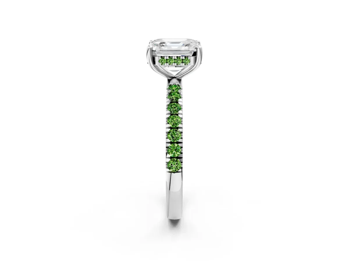 Asscher Cut Diamond Pave Band Solitaire Ring with Round Peridot and Prong Setting Silver
