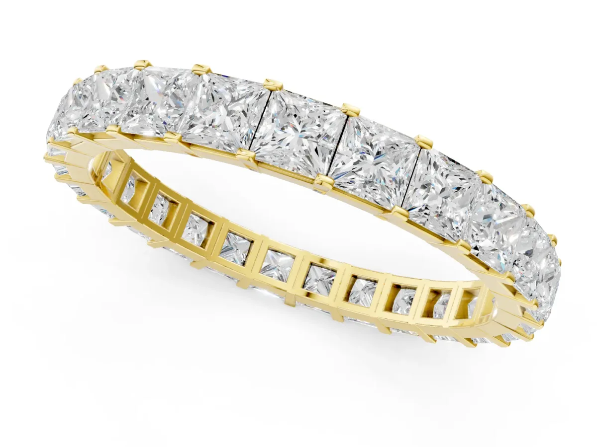 Princess Cut Diamond Eternity Band with Channel Setting and Shared Prong Yellow gold
