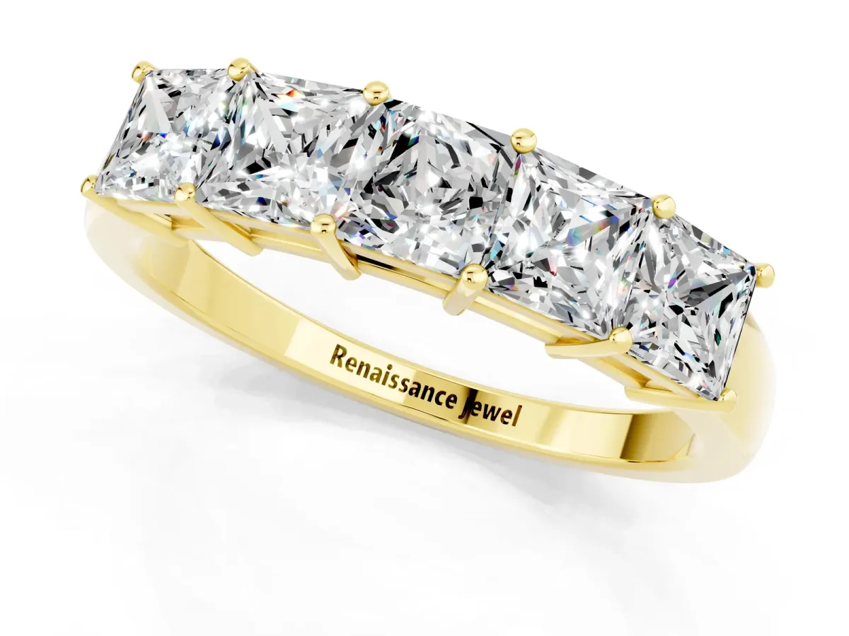 Princess Cut Five-Stone Moissanite Band with Prong Setting Yellow gold