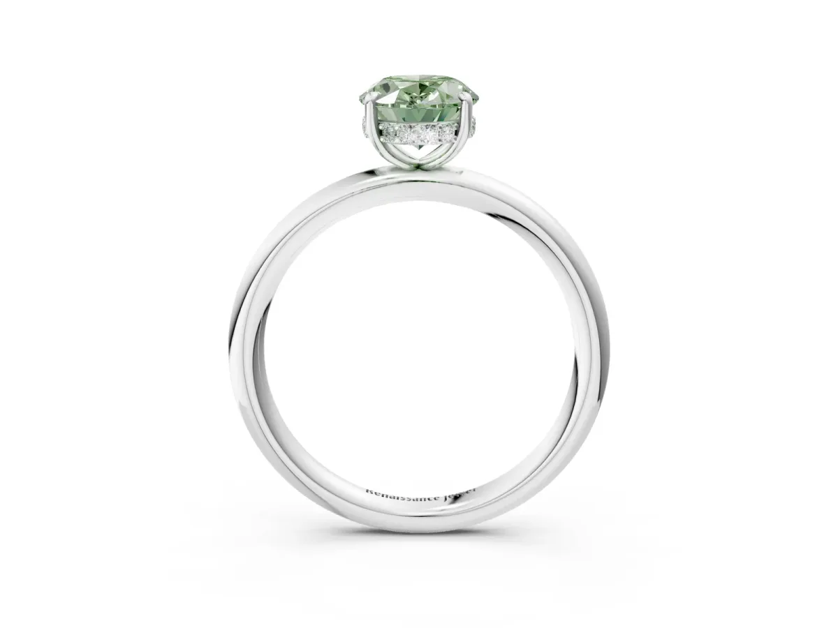 Fancy Green Oval Cut Diamond Solitaire Ring with Thin Band and Four-Prong Setting White gold