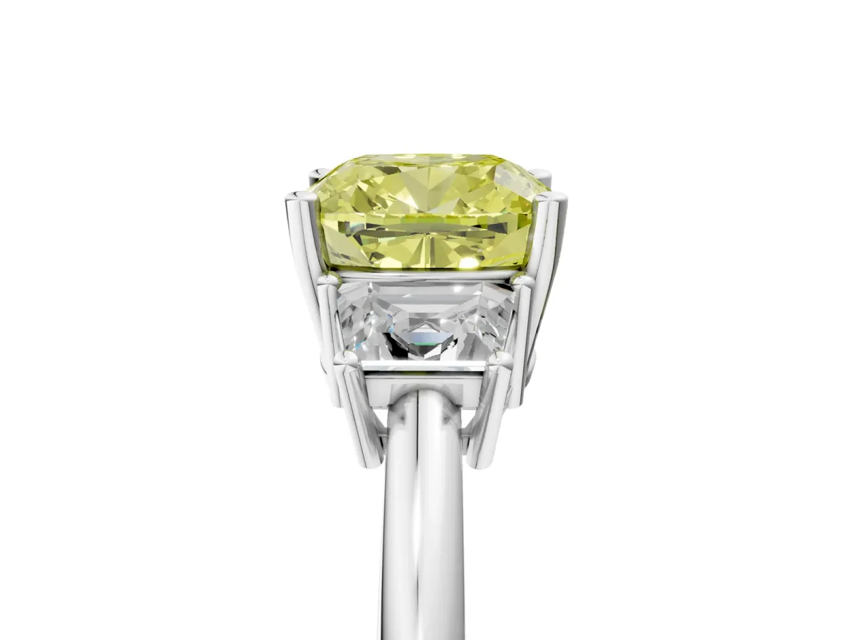 Fancy Yellow Cushion Cut Diamond Three-Stone Ring with Trapezoid Side Stones and Prong Setting Silver