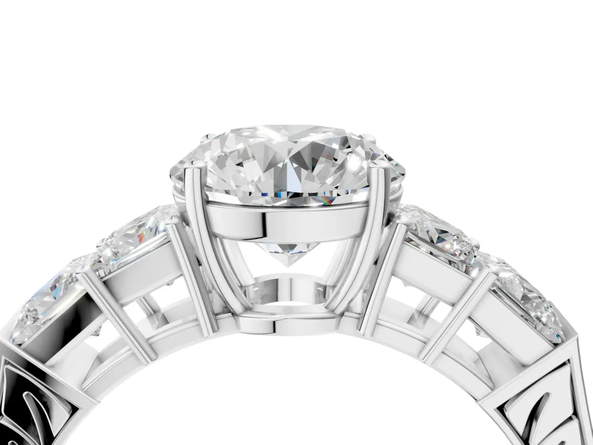 Round Cut Solitaire Princess Side Stone Engraved Band Prong Setting Ring Silver