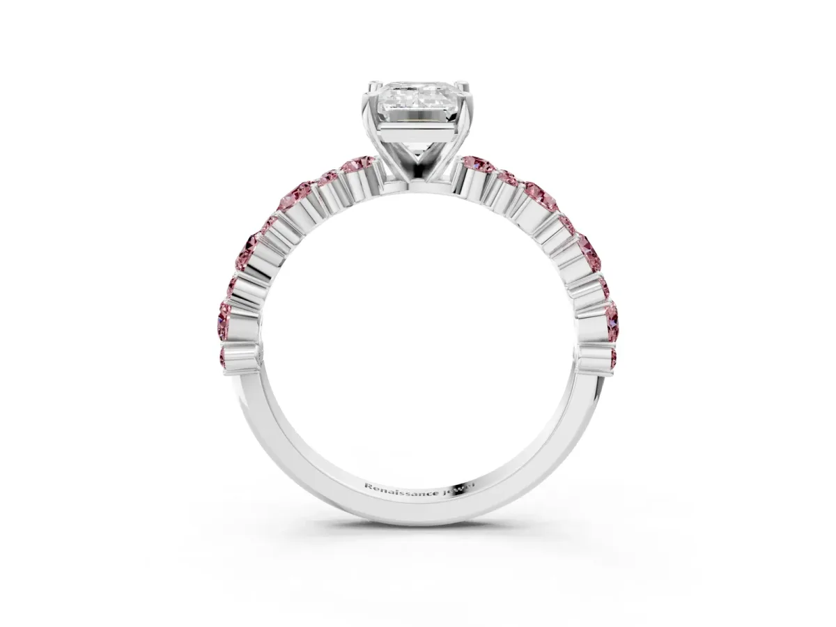 Emerald Cut Diamond Side Stone Solitaire Ring with Round Morganite and Four-Prong Setting Platinum