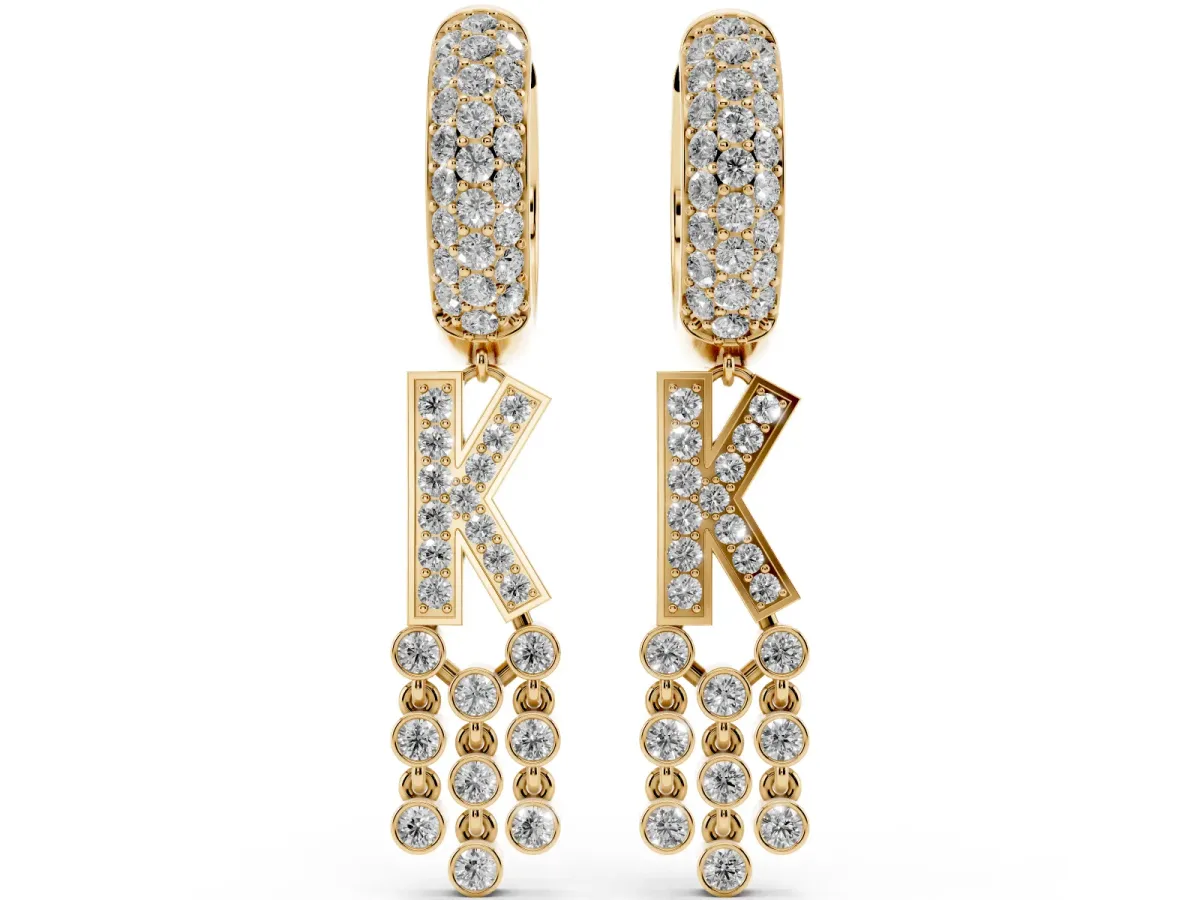 Round Diamond Initial K Huggie Hoop Earrings Yellow gold