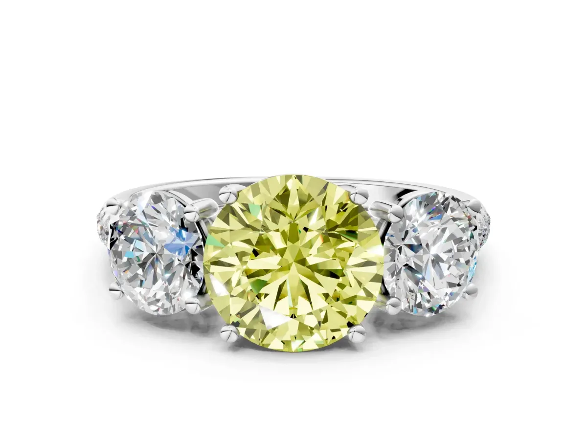 Fancy Yellow Three-Stone Round Cut Diamond Ring with Round Pavé Band and Prong Setting Silver