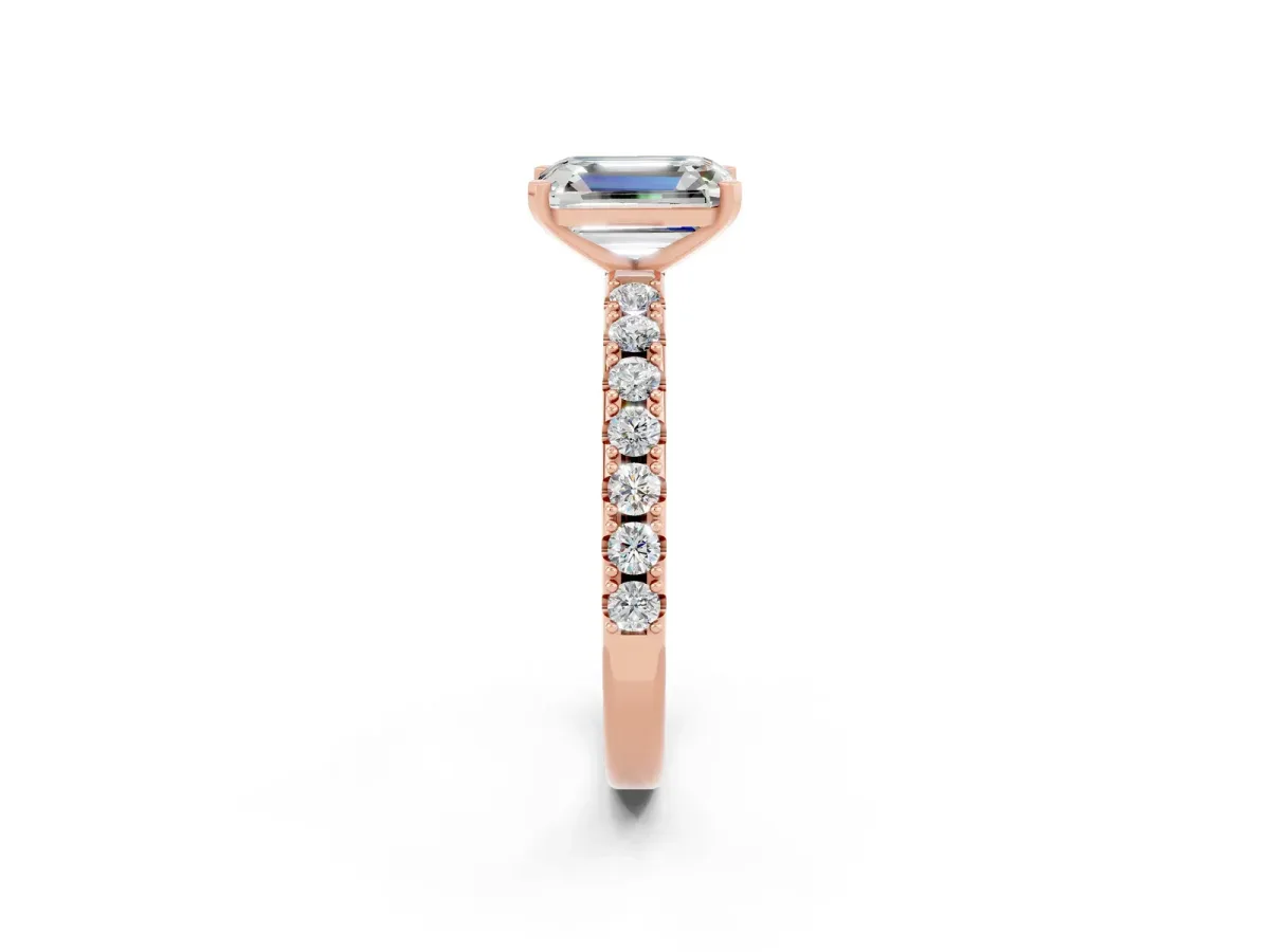 Emerald Cut Moissanite Solitaire Pavé Band with Four-Prong Setting Rose gold
