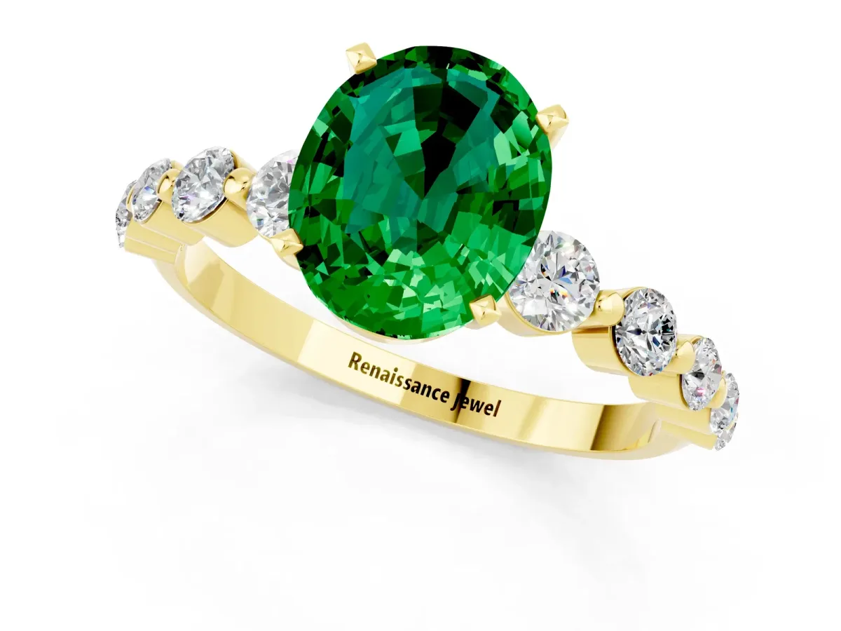 Oval Cut Solitaire Emerald Ring with Pave Band and Four-Prong Setting Yellow gold
