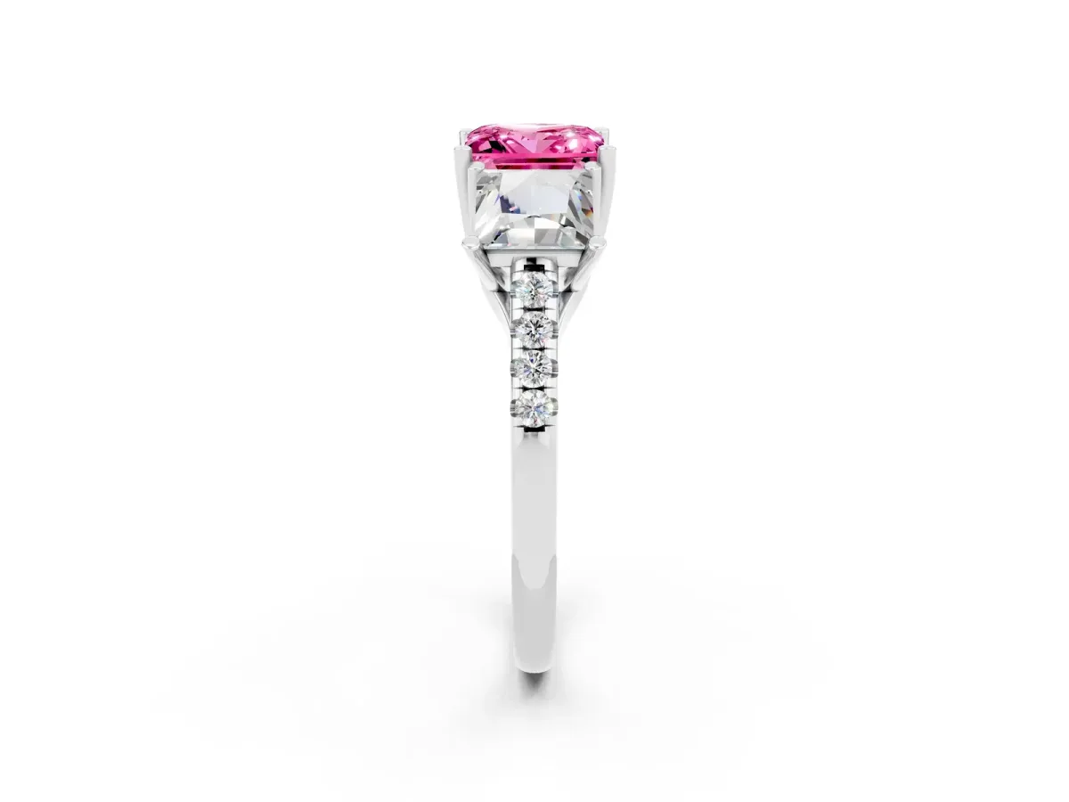 Three-Stone Princess Cut Pink Sapphire Ring with Round Pavé Band and Prong Setting Silver