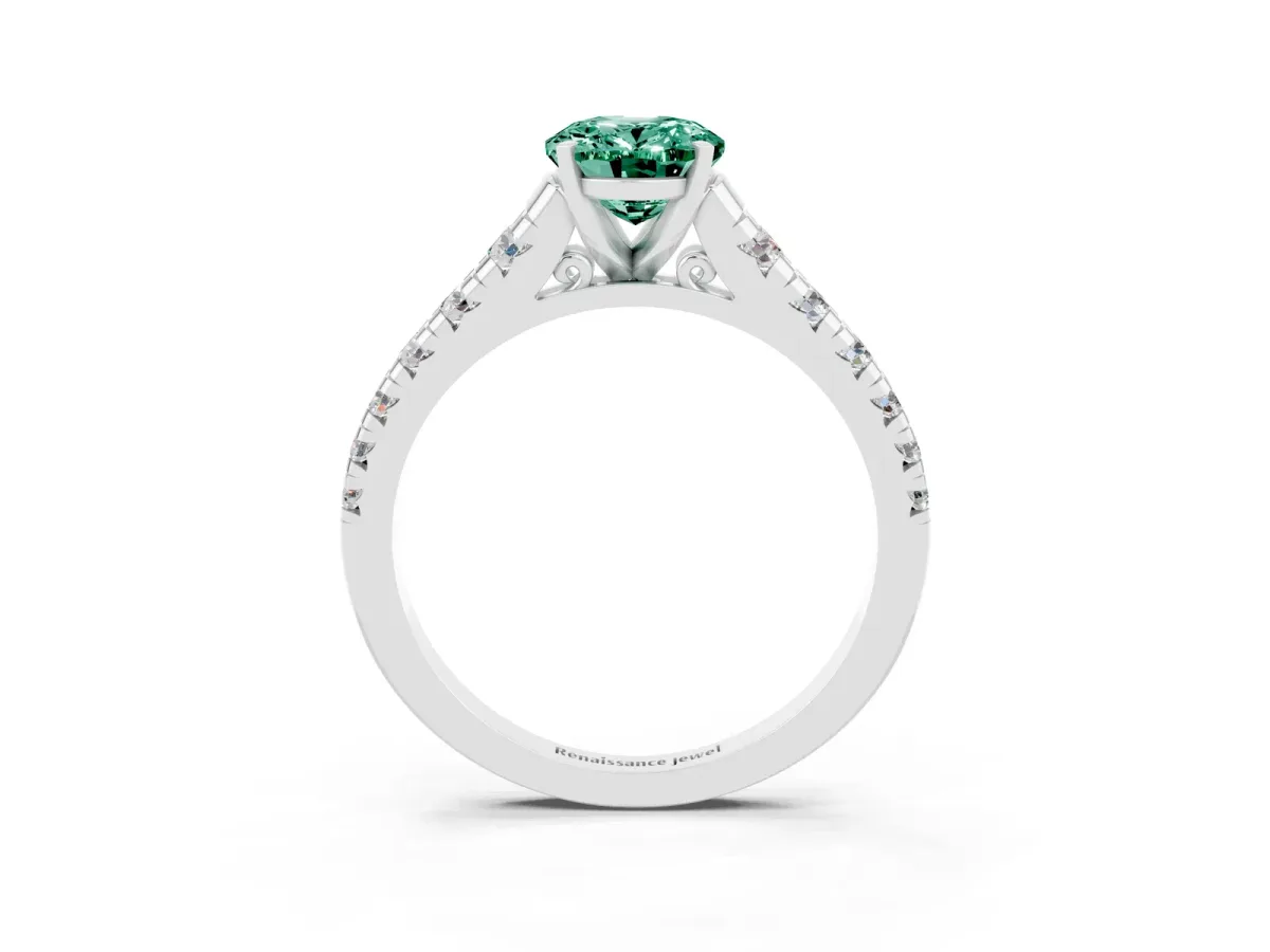 Oval Cut Green Sapphire Cathedral Solitaire Ring with Round Pavé Band Silver