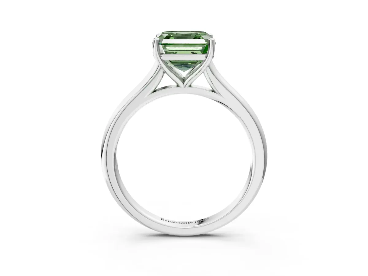 Fancy Green Asscher Cut Cut Solitaire Ring with Cathedral Band and Four-Prong Setting Platinum