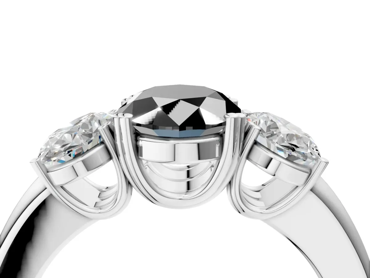 Fancy Black Three-Stone Oval Cut Cut Diamond Ring with Channel Set Band and Four-Prong Setting Silver
