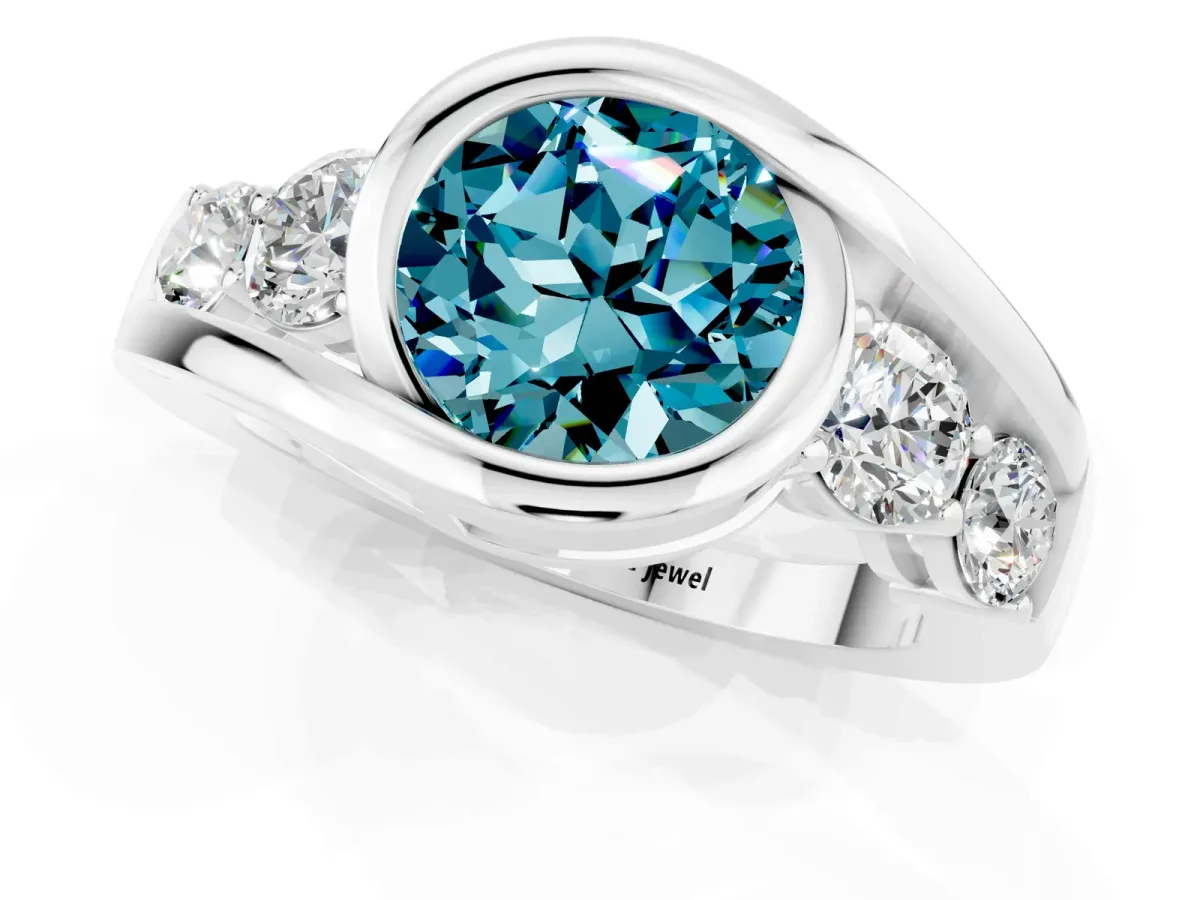 Bezel Set Round Cut Blue Topaz Bypass Ring with Round Accents Silver