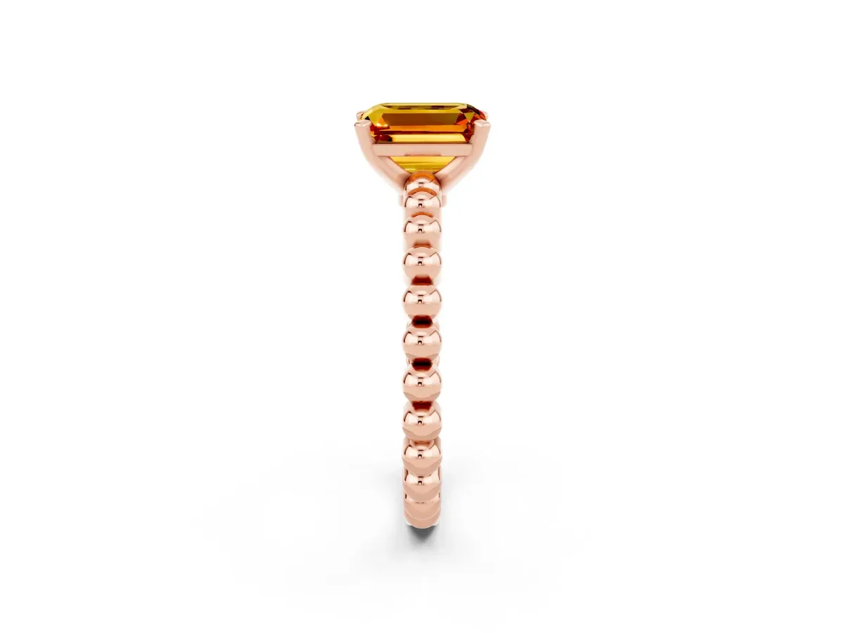 Emerald Cut Citrine Solitaire Ring with Beaded Band and Prong Setting Rose gold