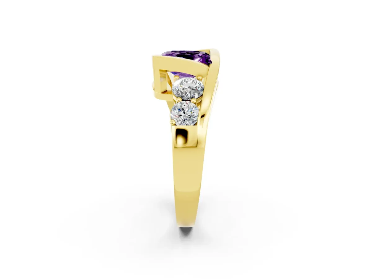 Bezel Set Princess Cut Amethyst Bypass Ring with Round Accents Yellow gold