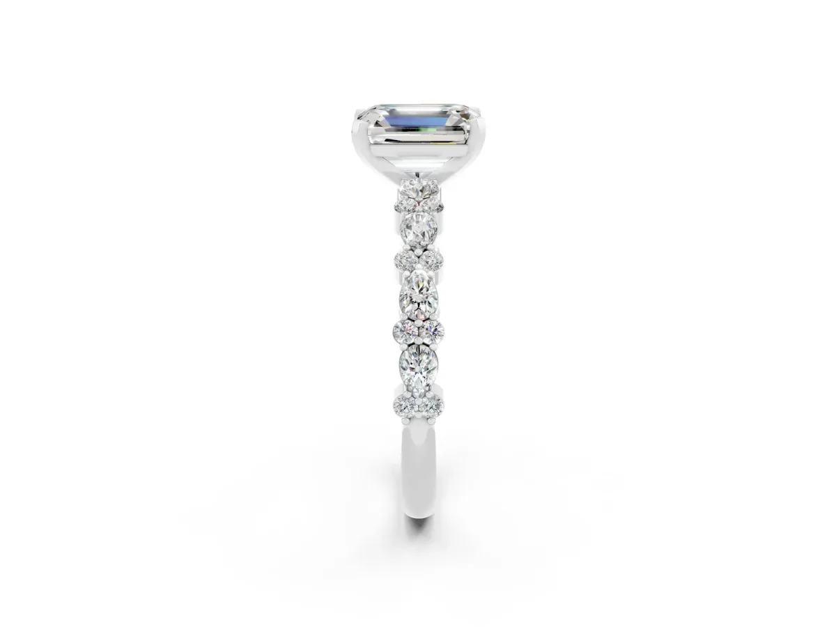 Emerald Cut Moissanite Side Stone Solitaire Ring with Round and Four-Prong Setting White gold