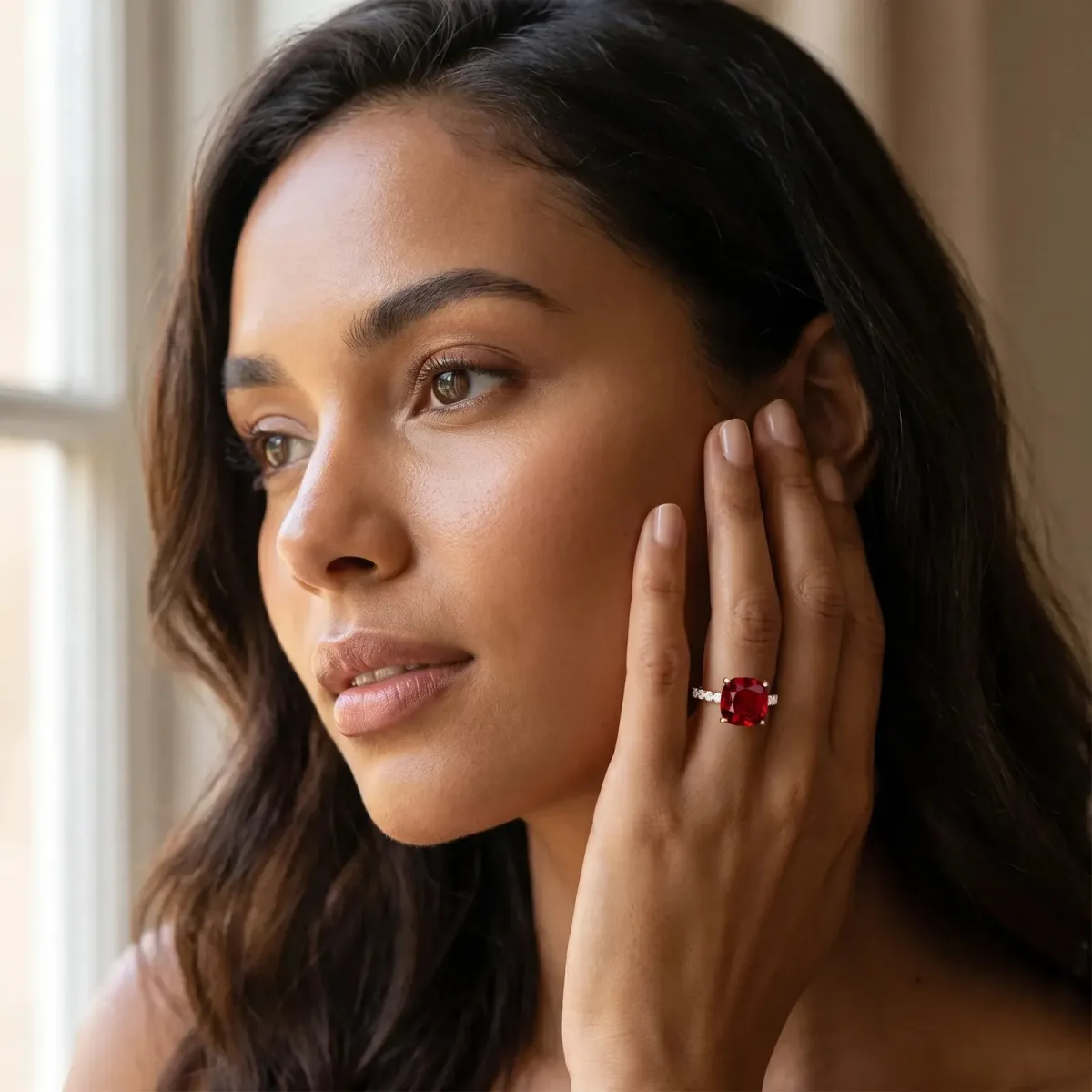 Cushion Cut Ruby Solitaire Ring with Round Pavé Band and Four-Prong Setting Rose gold