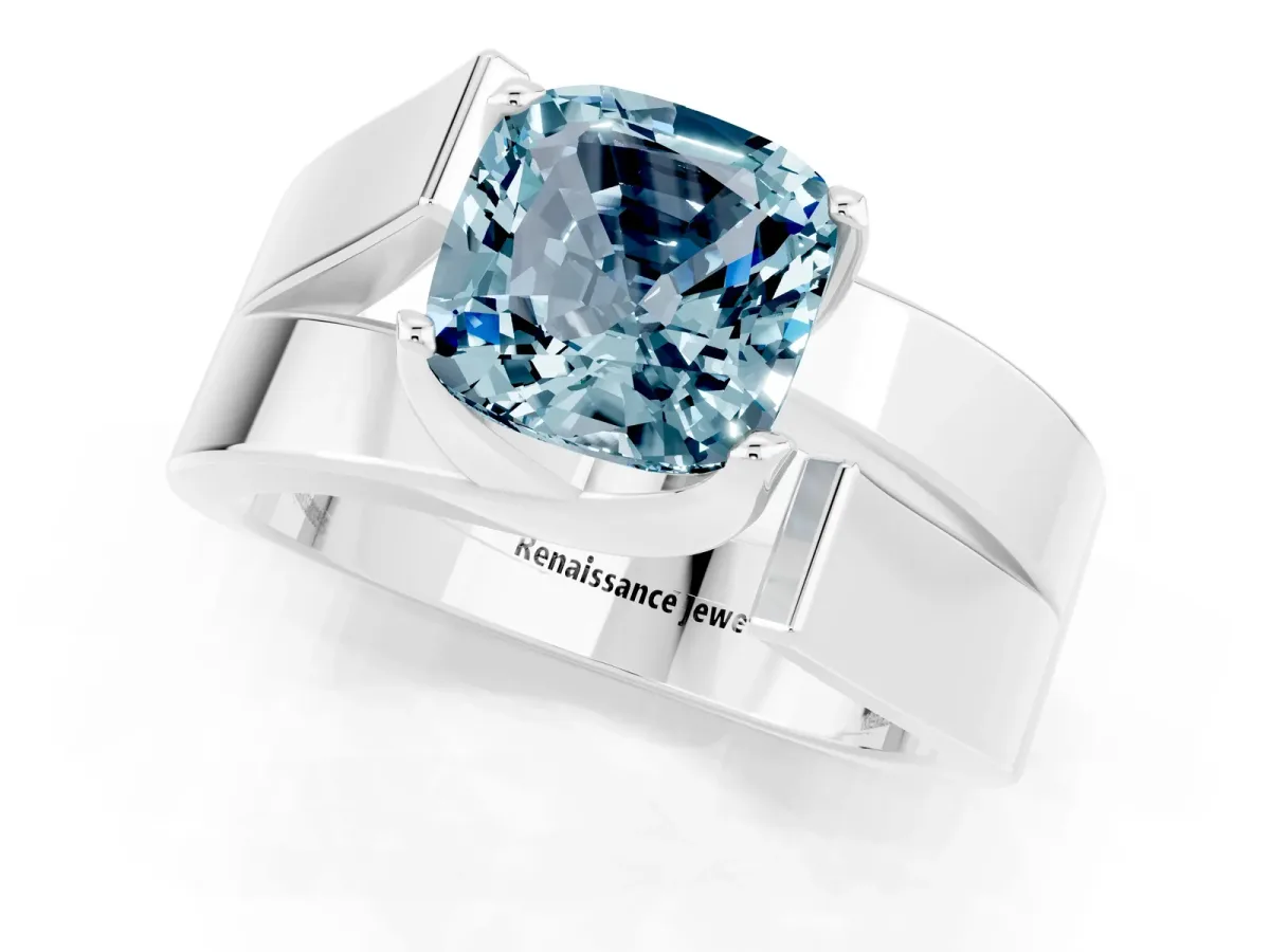 Modern Tension Set Cushion Cut Aquamarine Solitaire Wide Band Ring Silver