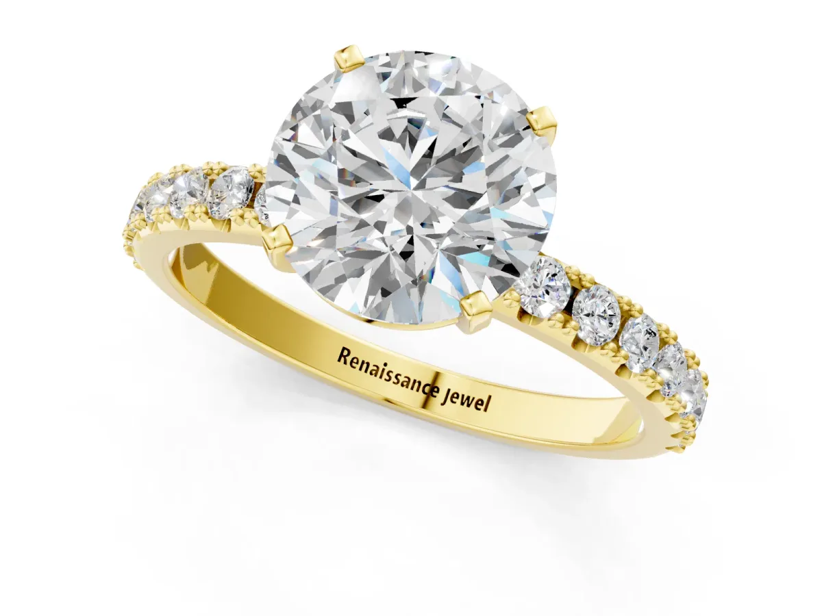Round Cut Diamond Solitaire Pavé Band with Four-Prong Setting Yellow gold