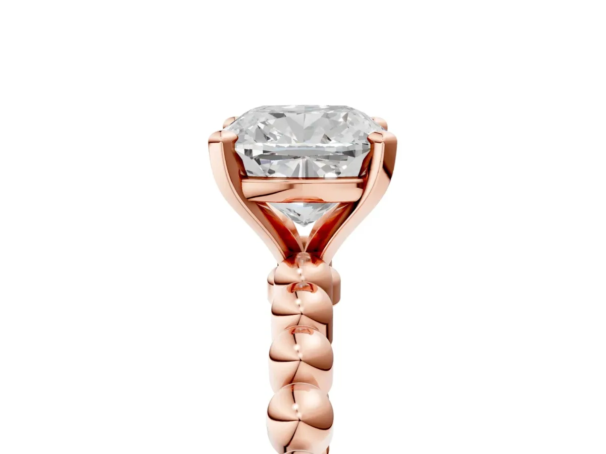 Cushion Cut Diamond Solitaire Ring with Beaded Band and Prong Setting Rose gold