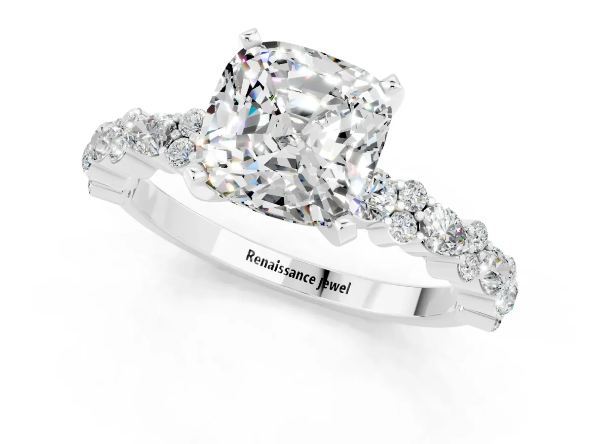 Cushion Cut Moissanite Side Stone Solitaire Ring with Round and Four-Prong Setting Platinum