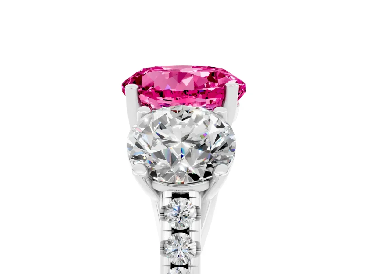 Three-Stone Round Cut Pink Sapphire Ring with Round Pavé Band and Prong Setting Silver