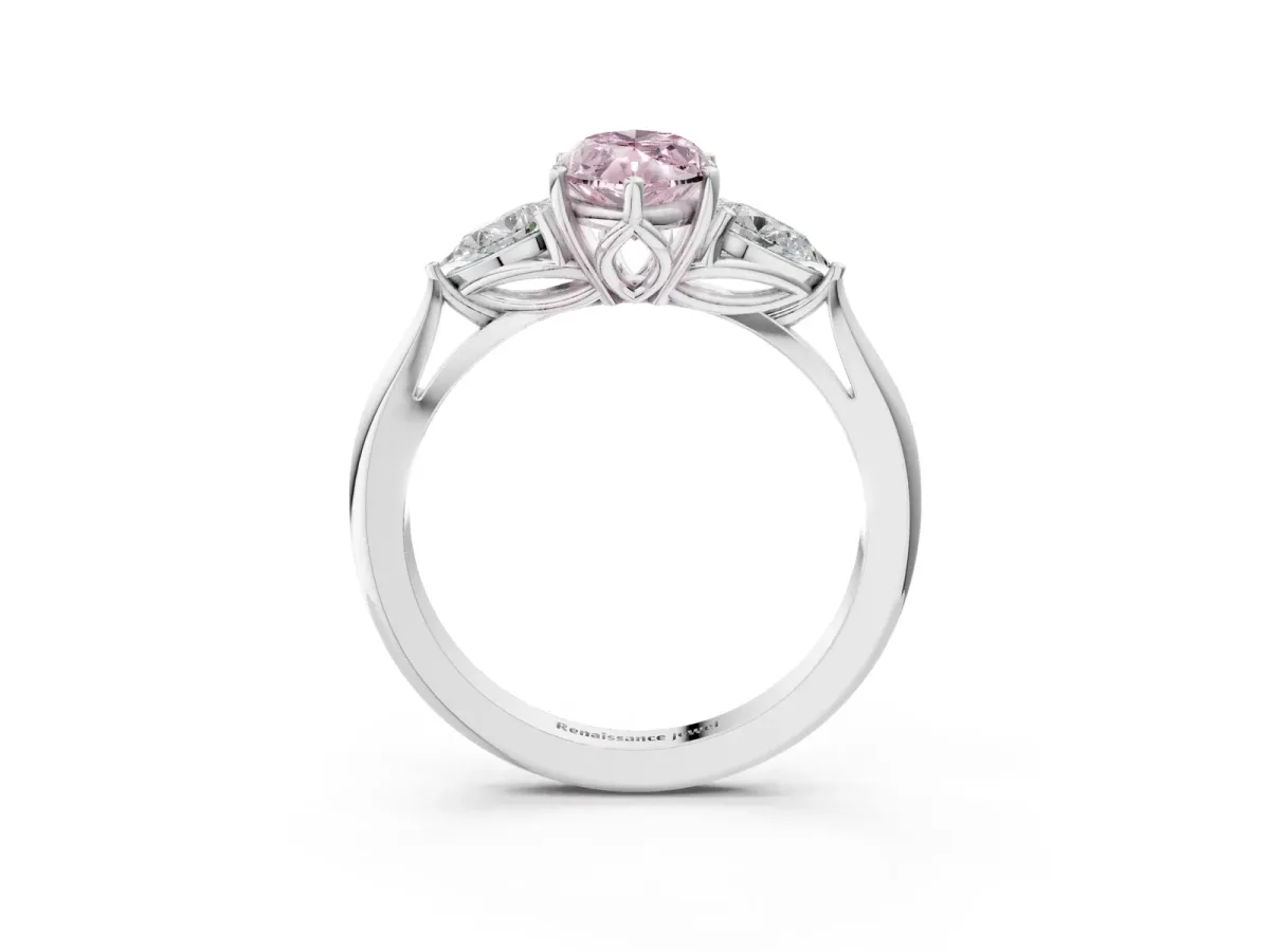 Fancy Pink Marquise Cut Diamond Three-Stone Ring with Pear Side Stones and Prong Setting White gold