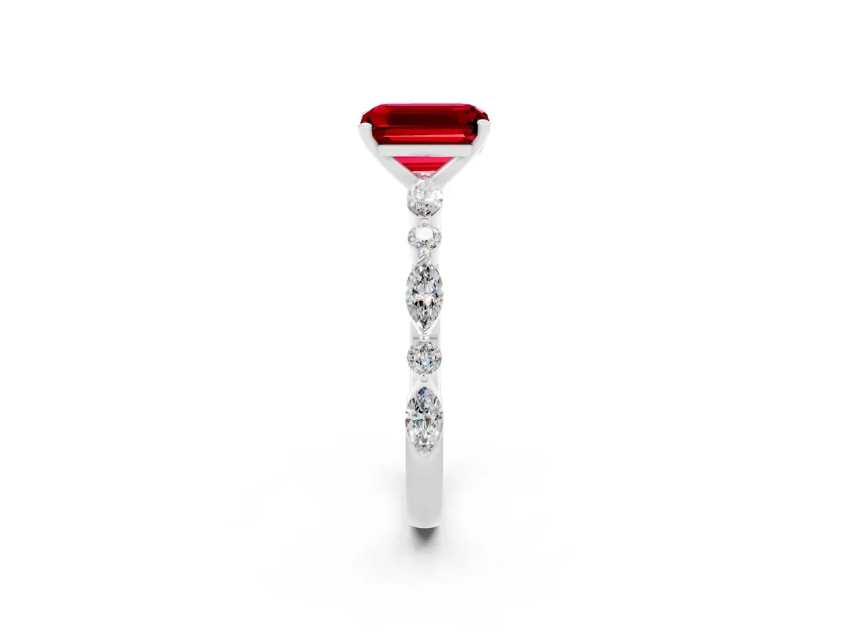 Emerald Cut Ruby Ring with Marquise and Round Side Stones and Four-Prong Setting Platinum
