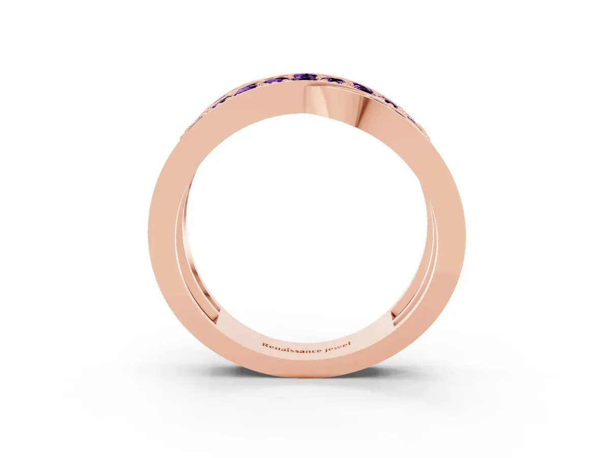 Pavé Round Amethyst Crossover Band with Bead Prong Setting Rose gold