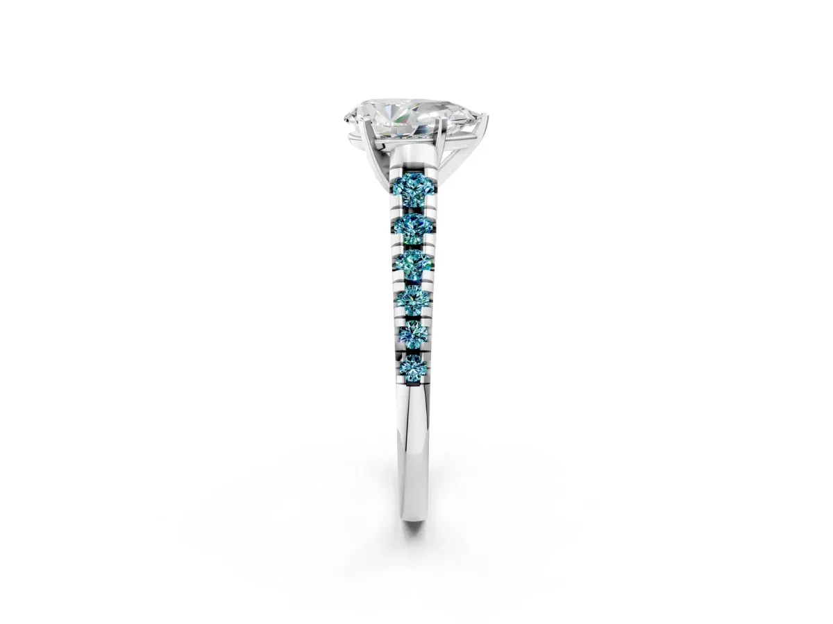 Pear Cut Diamond Cathedral Solitaire Ring with Round Blue Topaz Pavé Band Silver