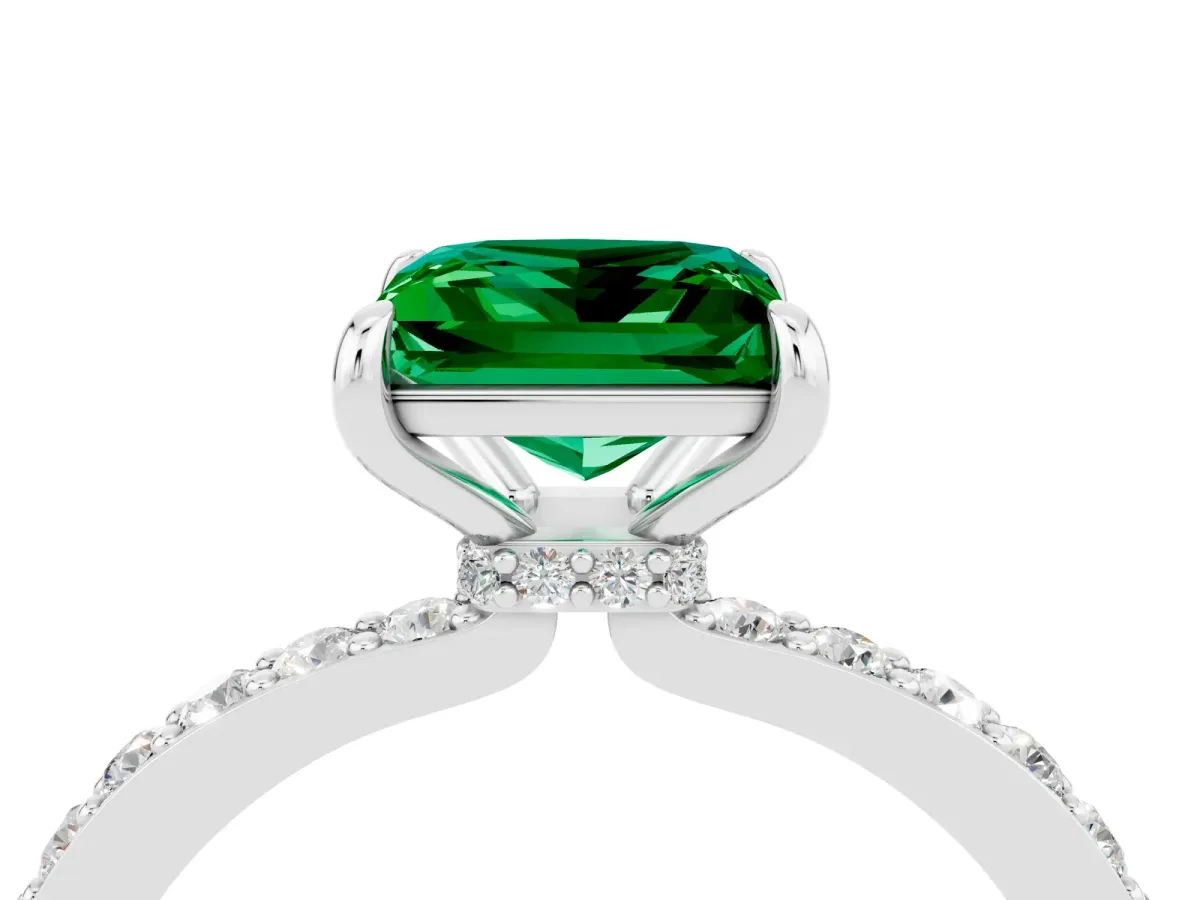 Princess Cut Emerald Solitaire Engagement Ring with Pavé Band and Four-Prong Setting Silver