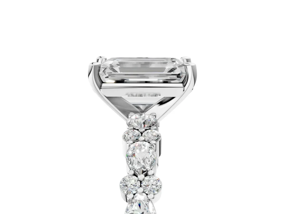Emerald Cut Diamond Side Stone Solitaire Ring with Round Moissanite and Four-Prong Setting Platinum