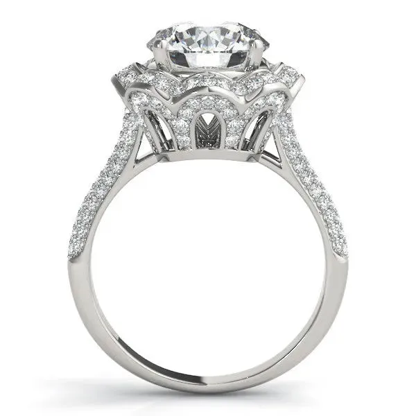 Round Cut Halo Diamond Floral Pave Band Ring with Four-Prong Setting Silver