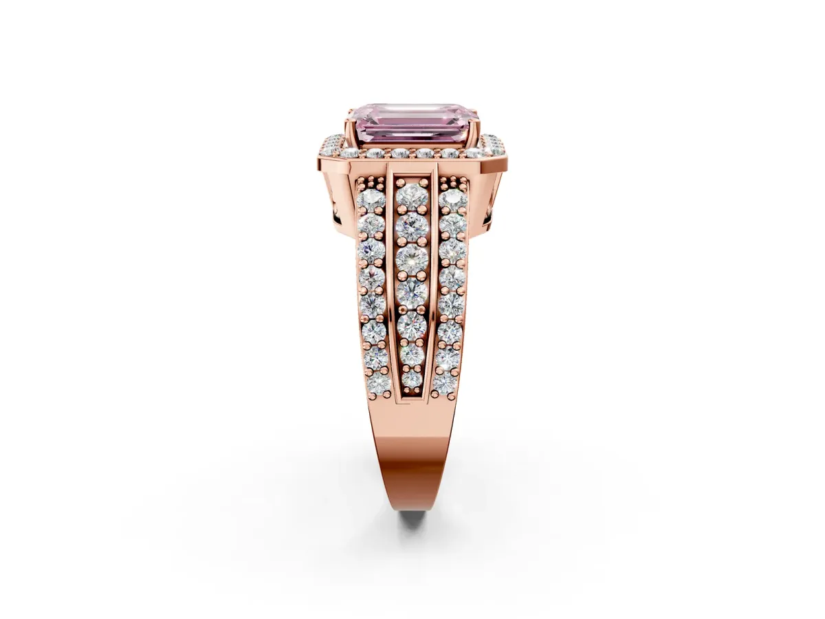 Fancy Pink Emerald Cut Halo Diamond Ring with Round Split Shank and Prong Setting Rose gold