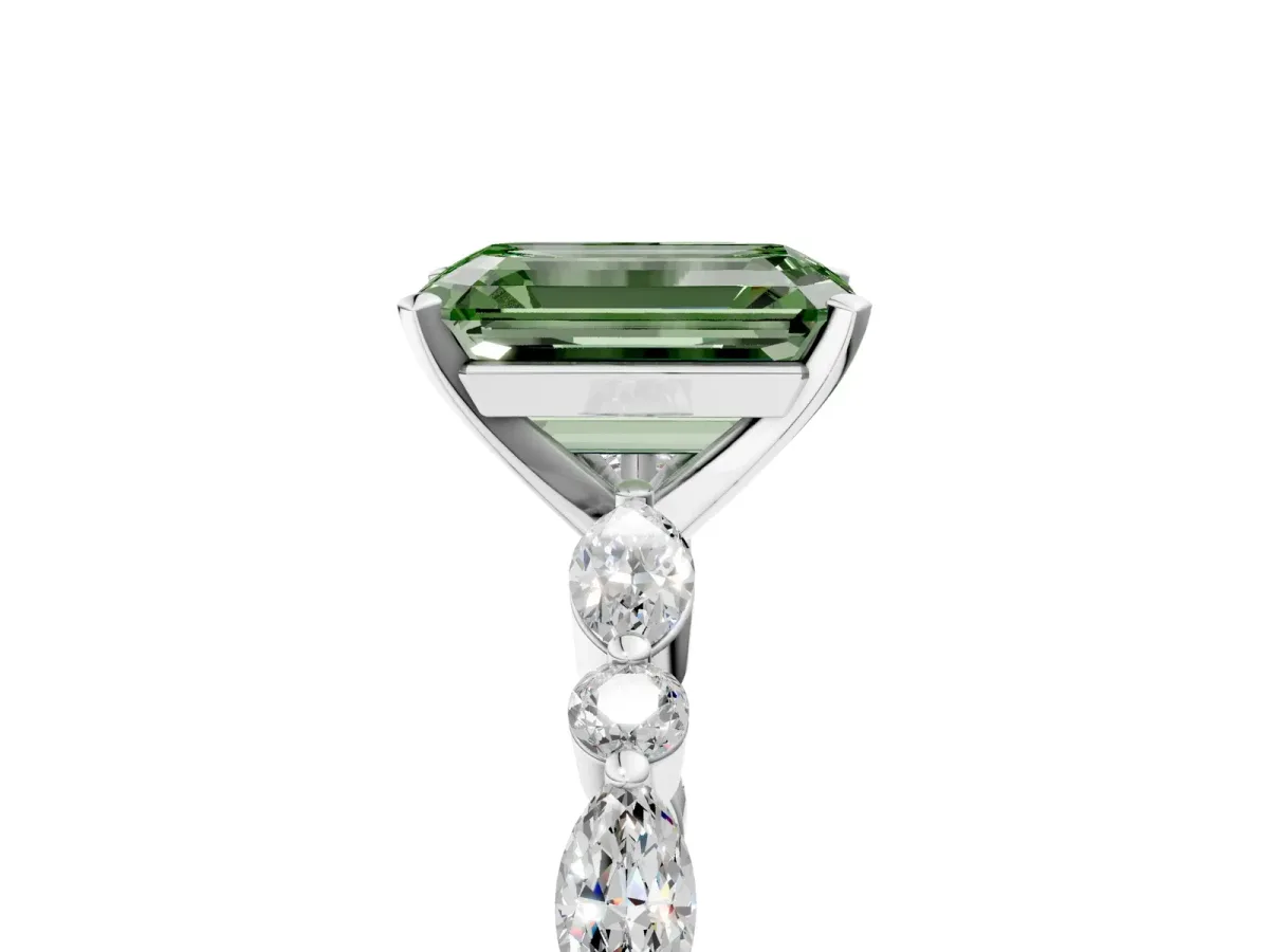 Fancy Green Emerald Cut Diamond Ring with Marquise and Round Side Stones and Four-Prong Setting Silver