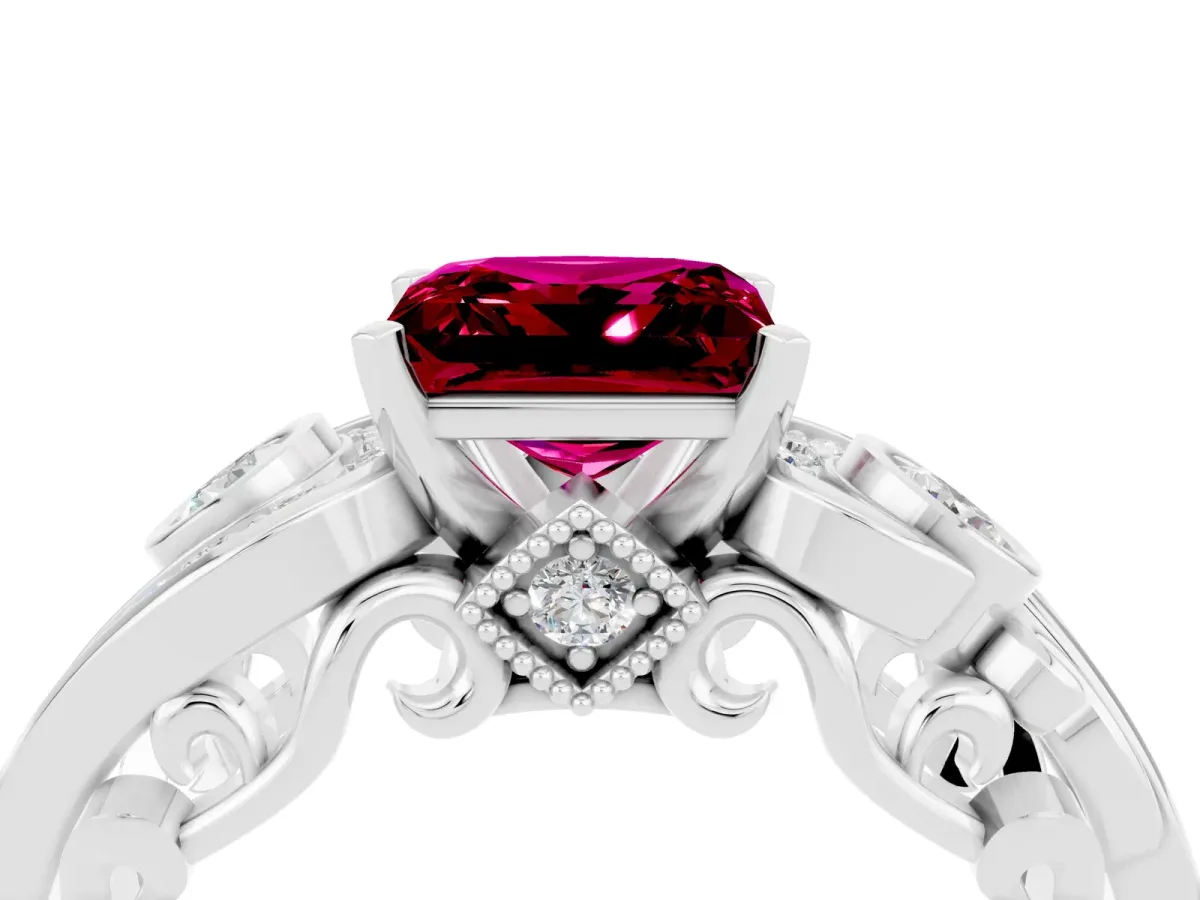 Princess Cut Garnet Solitaire Ring with Milgrain Pavé Band and Four-Prong Setting Silver