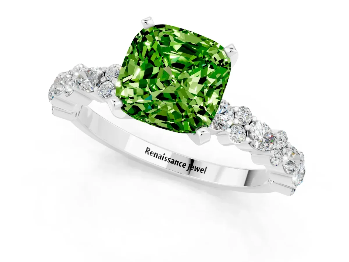 Cushion Cut Peridot Side Stone Solitaire Ring with Round and Four-Prong Setting White gold