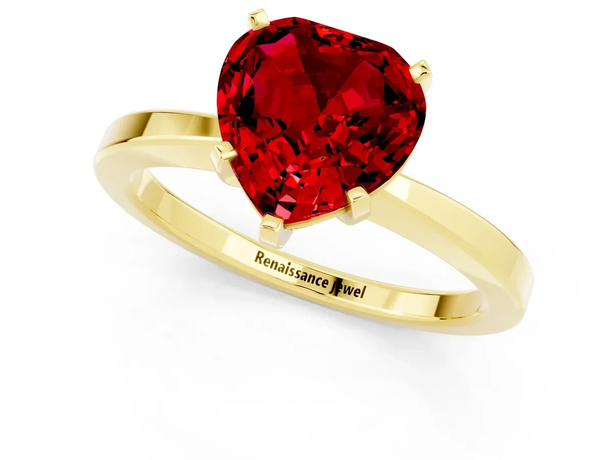 Heart Cut Ruby Solitaire Engagement Ring with Classic Band and Four-Prong Setting Yellow gold