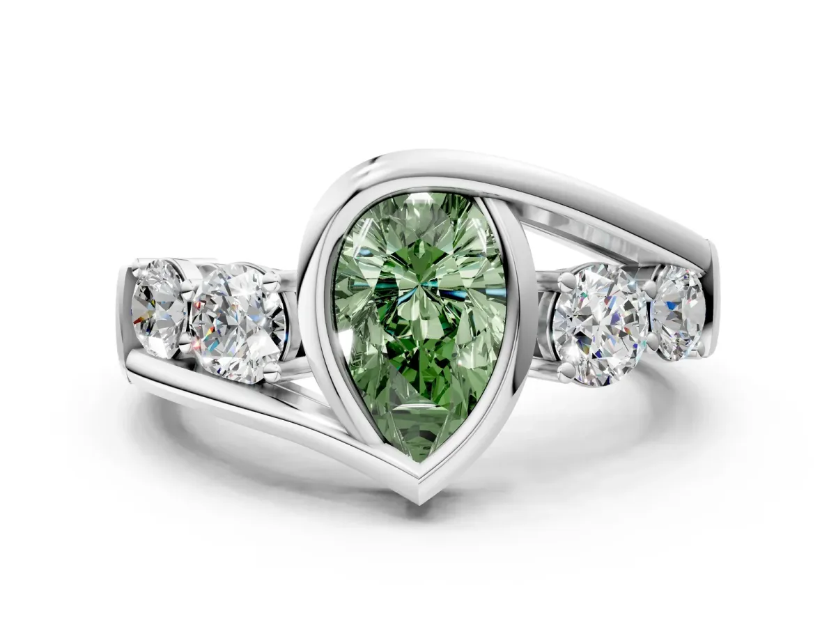Fancy Green Bezel Set Pear Cut Diamond Bypass Ring with Round Accents Silver